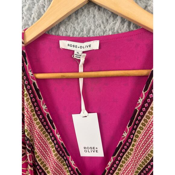 NWT Rose + Olive Pink Boho Print Peplum Blouse Women’s XL V-Neck Long Sleeve - Picture 4 of 6